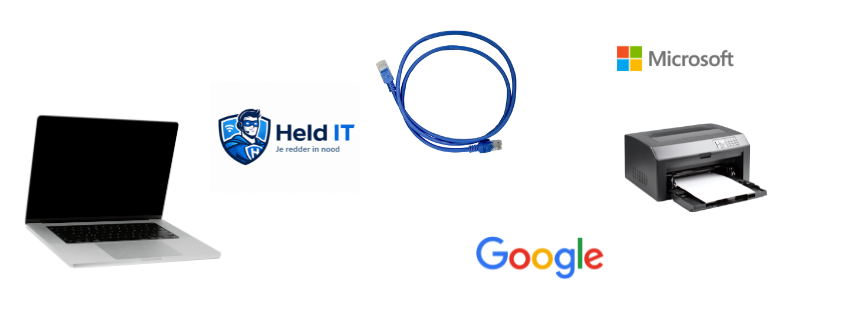 Laptop, Held IT logo, RJ45 netwerkkabel, Microsoft logo, printer en Google logo